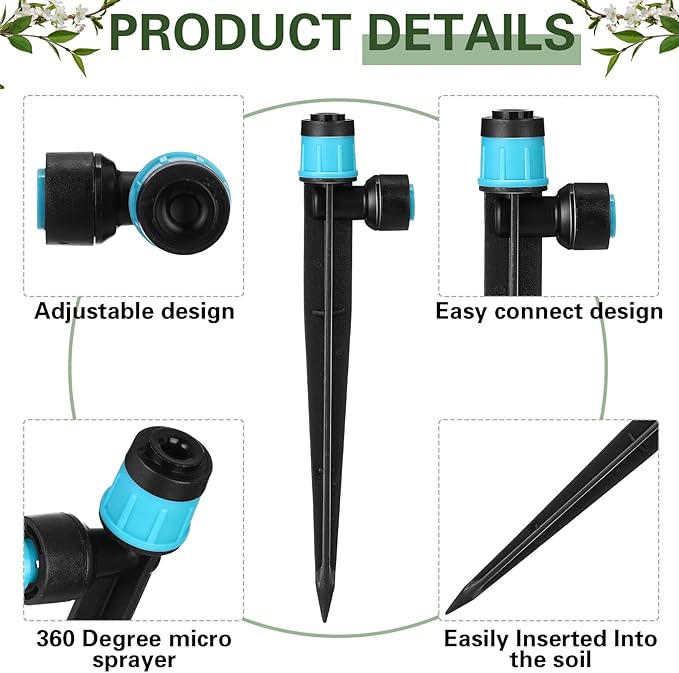 100 Pcs Drip Irrigation Emitters for 1/4" Tubing 50 Micro Irrigation Emitters Sprayer 50 Adjustable 360 Degree Water Flow Drippers for Garden Irrigation System(Red, Blue, Fast Connect)