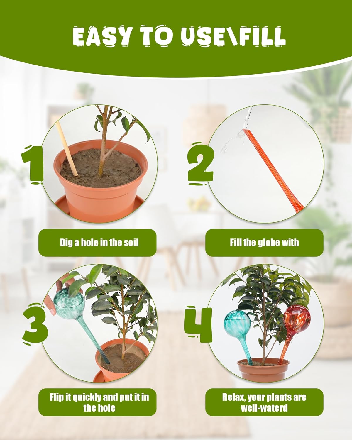 Iridescent Self Watering Globes, Glass Rainbow Plant Watering Globes, Self Watering Planter Insert, Automatic Plant Waterer Indoor (Large-6 Pcs Multi-Color, Large)