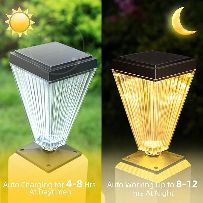 Outdoor Solar Post Caps Lights-4 Pack Waterproof Solar Fence Post Solar Powered Deck Post Lights,High Brightness Warm White Led Post Lights fits 4x4, 5x5,6x6 Wooden Post