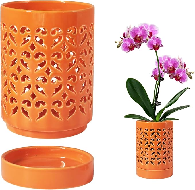 Orchid Pots 4 Inch Ceramic Orchid Pot with Holes, Plant Pot for Repotting, Flower Planter Pot Indoor Outdoor, Breathable Slotted Orchids Planter Orange