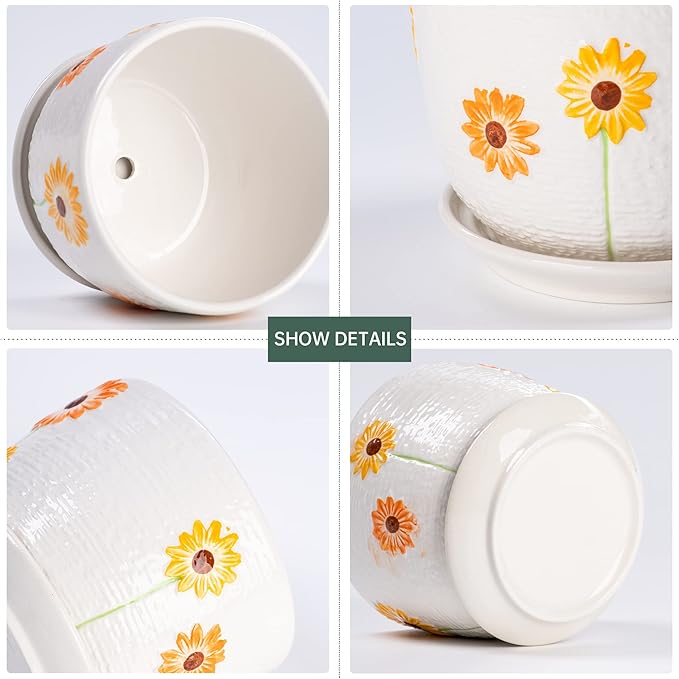 Ton Sin Plant Pots,Set of 3 Ceramic Sunflower Flower Pots for Indoor Plants,4+5+6 inch Pots with Drainage Hole Saucer,Garden Pots Catus Planters