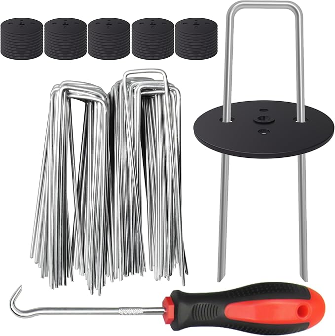50pcs Landscape Staples+50pcs Gaskets+1 Pick Hook, 6 Inch Garden Artificial Turf Stakes Heavy Duty 11Ga U Shaped Galvanized Yard Ground Pins for Weed Fabric Barrier, Groud Cover, Outdoor Decorations