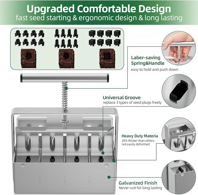Soil Blocker 2 Inch 8 Cell Upgraded Soil Block Maker Heavy Duty with Comfortable Handle and 3 Sizes Seed Pins Handheld Soil Blocking Tool for Seed Starting transplanting Germination