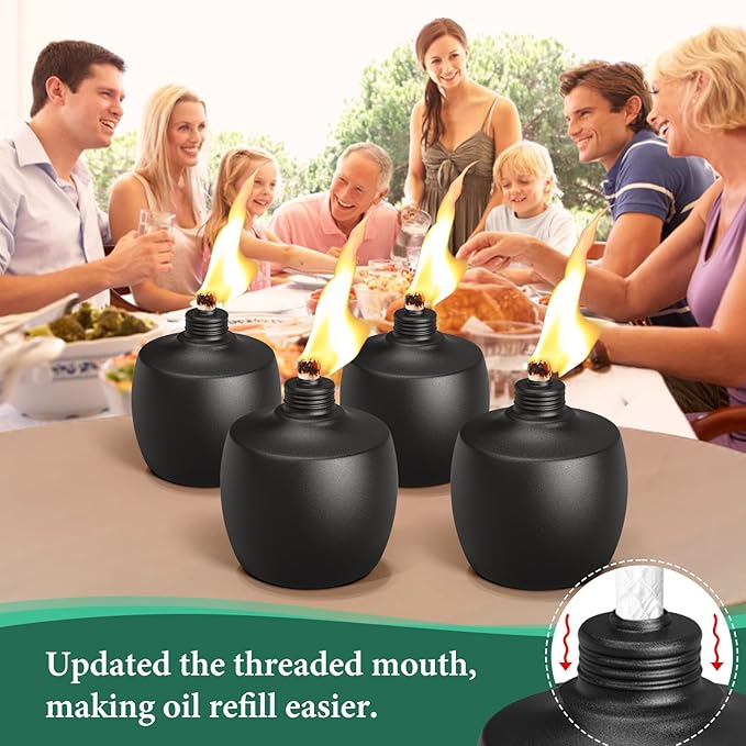 4-Pack Citronella Tabletop Torches, MQKIWAO 21 oz Table Top Torches for Outdoor, Metal Oil Burner Candles, Garden Torches with Fiberglass Wick for Yard, Patio, Deck, Garden, Party, Landscape