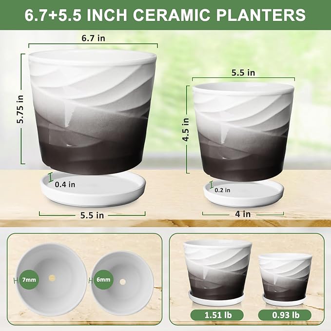 6.7 + 5.5 Inch Plant Pot, Ceramic Planter with Drainage and Saucer，Ceramic Pots for Plants, Indoor Plant pots，Ceramic Flower pots(Dark Gray+White)