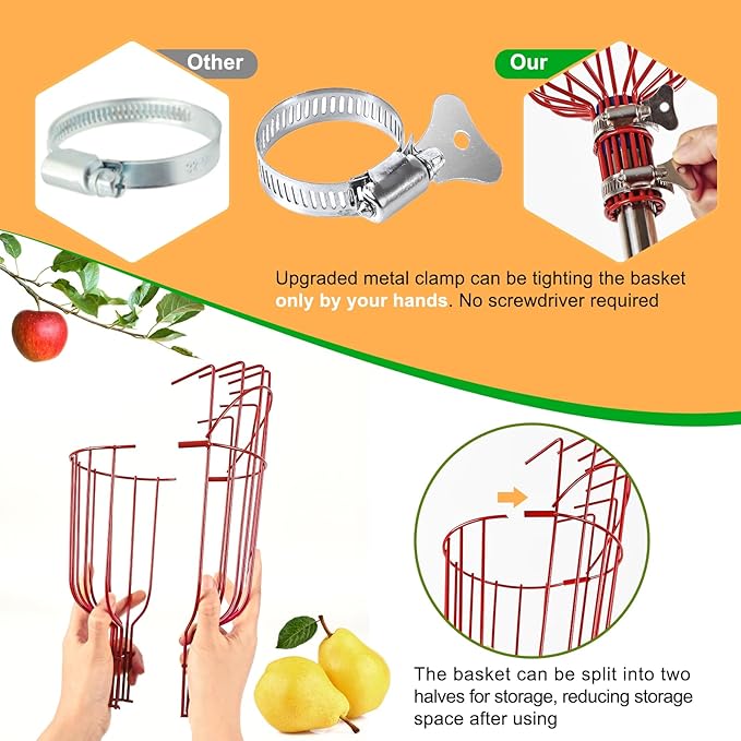 13 Feet Fruit Picker Pole Tool with Basket Apple Picker Extendable Stainless Steel Extension Pole Metal Clamp Fruit Catcher with Protective Foam Pad for Avocado Apples Mango