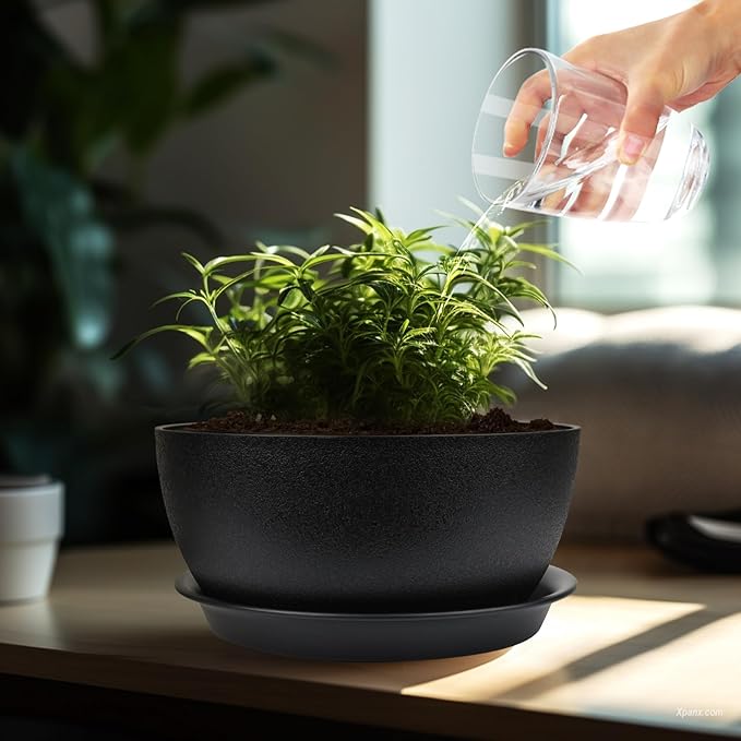 13 inch Plant Pots Pack of 2, Plastic Planter with Drainage Holes and Saucers, Plant pots for Indoor Outdoor Use, Flower Pots for All House Plants (Black)