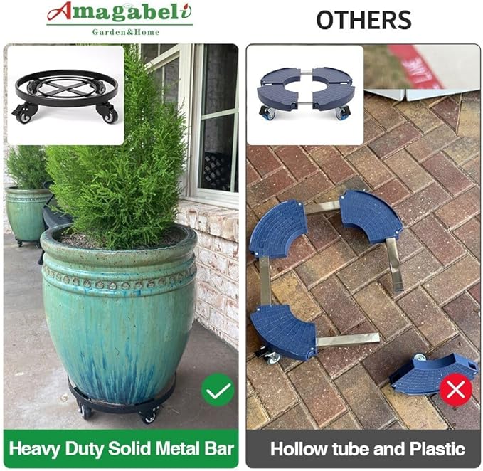 AMAGABELI GARDEN & HOME Plant Caddy with Wheels Heavy Duty 14“ 2 Pack Rolling Plant Stand Plant Dolly Iron Wheeled Lockable Casters Round Pot Mover Rollers Indoor Outdoor Planter Trolley Metal