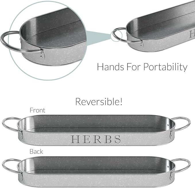 Barnyard Designs Indoor Herb Garden Planter Set with Tray, Metal Windowsill Plant Pots with Drainage for Outdoor or Indoor Plants, Set/3 (Galvanized)