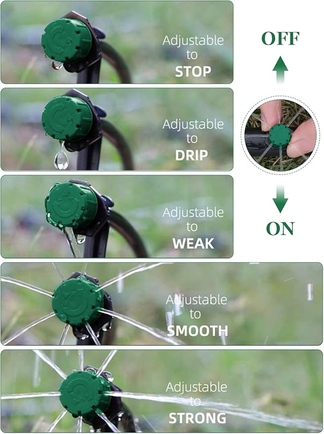 Kalolary 200Pcs Adjustable Irrigation Drippers, 1/4 Inch Barbed Drip Emitter 360 Degree Watering Sprinklers Anti-Clogging Drippers for 4mm/7mm Garden Watering System（Dark Green）