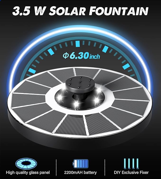 Solar Fountain Glass Panel with 2200 mah Battery, 3.5W Floating Solar Water Fountain with 4 Fixed Rods, Solar Fountain Pump for Bird Bath, Garden, Pond, Pool, Outdoor-White Lights