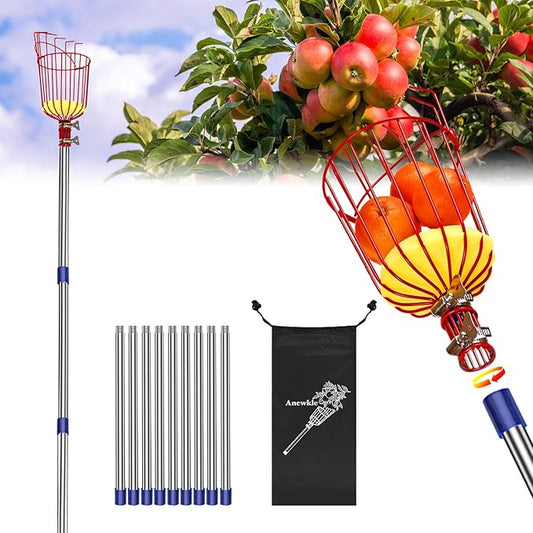 13 Feet Fruit Picker Pole Tool with Basket Apple Picker Extendable Stainless Steel Extension Pole Metal Clamp Fruit Catcher with Protective Foam Pad for Avocado Apples Mango