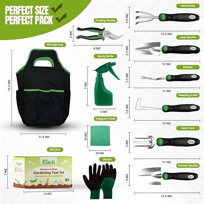 KHETI Garden Tools Set for Gardening - 11 Pieces 2mm Heavy Duty Stainless Steel Includes Spade Shovel Perfect for Digging and Gardening, Garden Tool Kit, Ideal Gardening Tools for Women and Mothers
