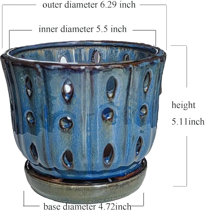 6 inch Round Ceramic Orchid Pot with Holes Orchid Planter (Dark Blue)