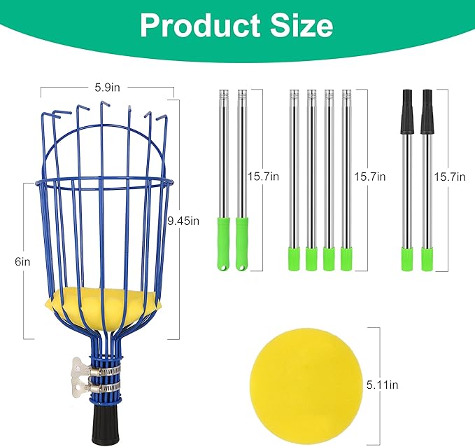 Fruit Picking Tool 2 Pieces, with Basket and 62.9-inch Fruit Picking Rod, The Rod can Connect up to 6 Parts, Reach a Length of 98 inches (with Storage Bag)