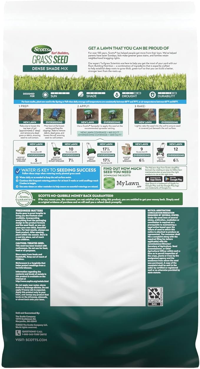 Scotts Turf Builder Grass Seed Dense Shade Mix with Fertilizer and Soil Improver, Grows With Little Sunlight, 5.6 lbs.