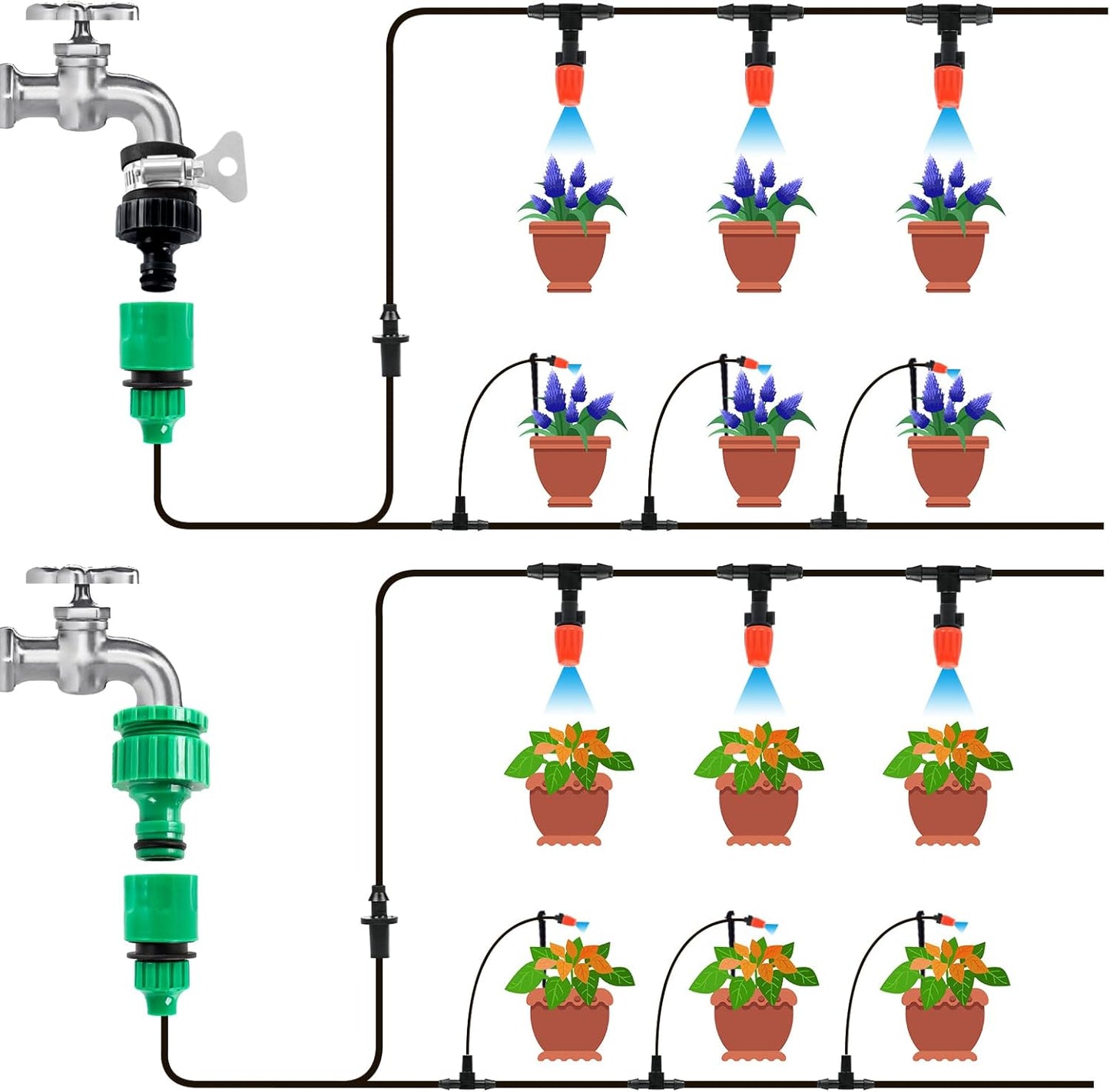 MIXC 1/4-inch Mist Irrigation Kits Accessories Plant Watering System with 50ft 1/4” Blank Distribution Tubing Hose, 20pcs Misters, 39pcs Barbed Fittings, Support Stakes, Quick Adapter, Model: GG0B