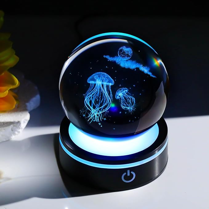 YWHL 3D Crystal Ball Moon Jellyfish Figurine with Colorful LED Base Laser Jellyfish Gifts for Women Men on Christmas Birthday Glass Jellyfish Statue Decorative Ball Night Light for Home Decor (80mm)