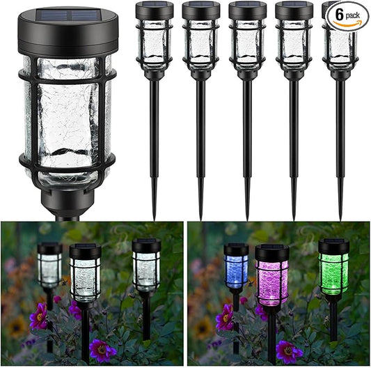 Solar Pathway Lights 6 Pack, Color Changing+Cool White LED Solar Lights Outdoor, Waterproof Solar Crackle Glass Stake Lights for Garden Path Walkway Backyard Lawn Landscape Decoration