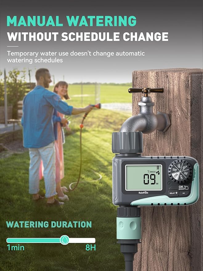 RAINPOINT Sprinkler Timer, Programmable Water Timer for Garden Hose, Outdoor Soaker Hose Timer with Rain Delay/Manual/Automatic Watering System, Digital Irrigation Timer for Yard, Lawn, 1 Outlet