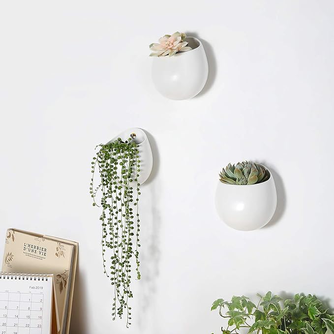 Mkono 4 Inch Wall Mounted Planter Round Ceramic Hanging Plant Holder Decorative Flower Display Vase Succulent Pots for Indoor Plants, Set of 3, White (Plants NOT Included)