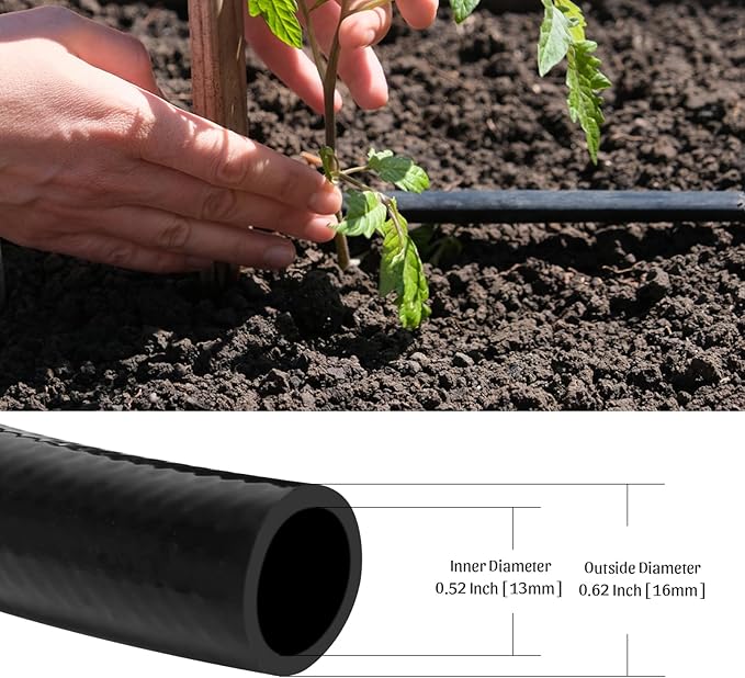1/2 Inch Irrigation Tubing 25ft, Drip Irrigation System for Garden, (0.52″ ID X .0.60″ OD) Black Dripline, Drip Irrigation Tubing w/One of 1/2” Coupling, Elbow, Tee and End Cap.