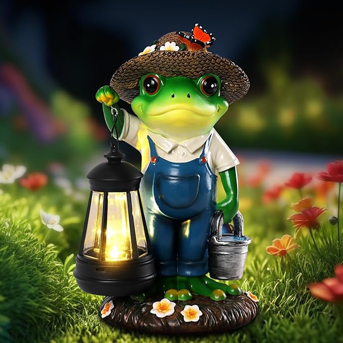 Solar Garden Decor - Frog Statues with Lantern 9" Resin Solar Frogs for Outdoors Patio Yard Porch Lawn Balcony Decor Ideas Animal Lover Gardening Gifts for Women Mom Wife