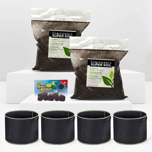 California Hot Soil Premium 100% Organic Super Soil Kit, 18+ Nutrient Blend - No Need for Nutrients or Plant Food Ever - Includes (2) 6 Lbs Bag of CaliHotSoil, (4) 3-Gallon Pots, (5) Rapid Rooters