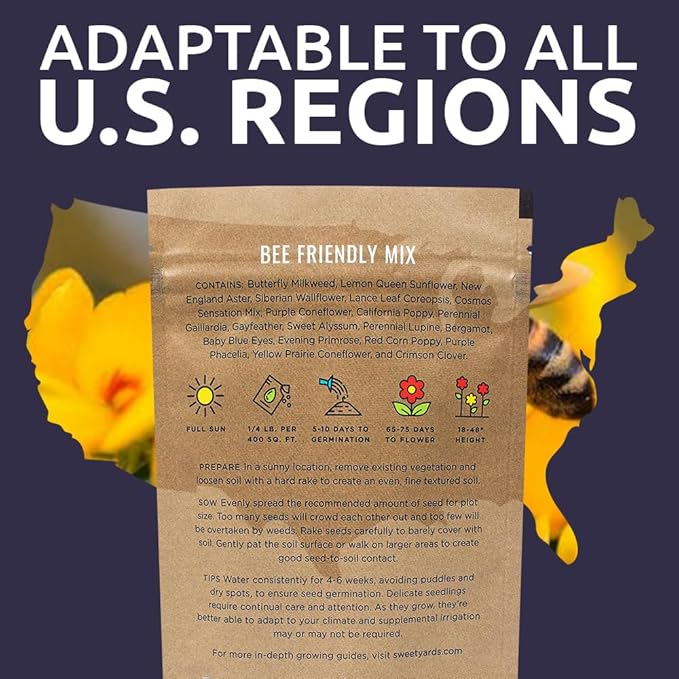 Bee Friendly Wildflower Seed Mix - Bulk 1/4 Pound Bag - Over 30,000 Open Pollinated Seeds - 100% Pure Live Seed - Save The Bees!