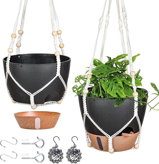 10 Inch Hanging Planters for Indoor Plants, 2 Pack Self Watering Hanging Baskets Flower Pots with Drainage Hole, Visual Reservoir & 2 Kinds of Plant Hanger for Outdoor Garden Home Decor