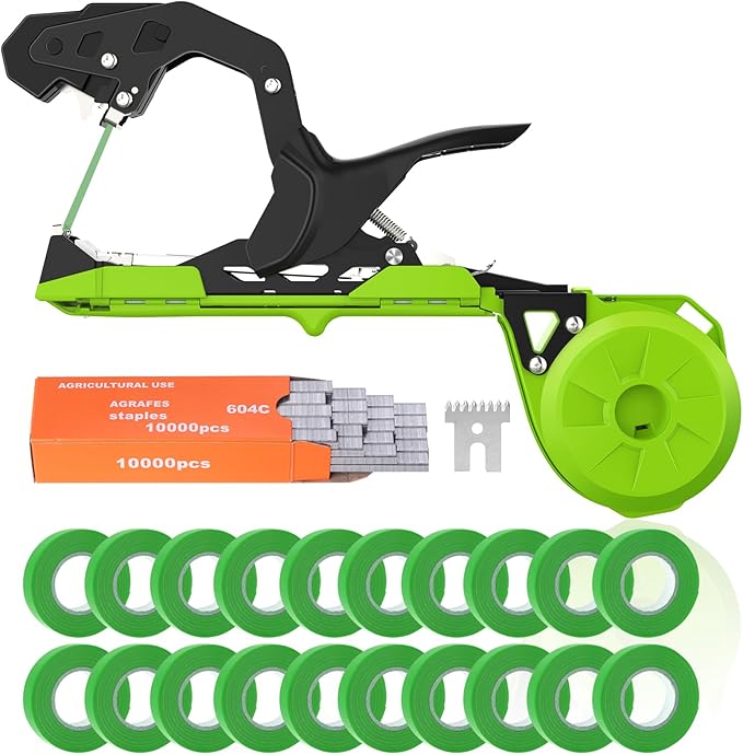 Plant Tying Machine with Green Tape, Lightweight Plant Tape Gun Tool to Tie Up Vine, Plant Tapener Tying Tool for Tomato, Grape, 10000pcs Staples 20 Rolls Tape (Green)