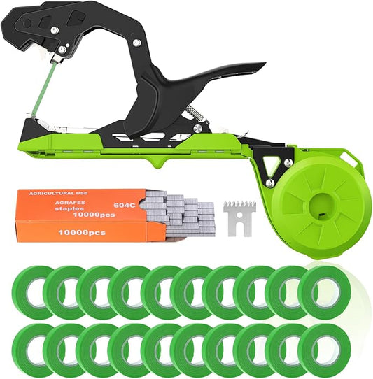 Plant Tying Machine with Green Tape, Lightweight Plant Tape Gun Tool to Tie Up Vine, Plant Tapener Tying Tool for Tomato, Grape, 10000pcs Staples 20 Rolls Tape (Green)