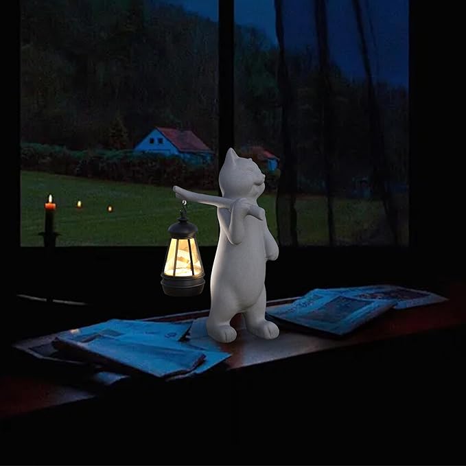 Solar Powered Garden Resin Statue Lights, 10 Inch Waterproof Outdoor Animal Cute Cat Figurine Lights, Suitable for Patios, Balconies, Lawns, Courtyards, Etc. (Walking01)