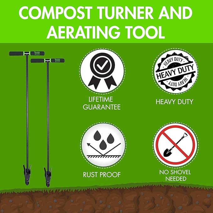 Yard Butler- Compost Aerator - Durable Aerator for Easy Compost Mixing - Aerate & Circulate for Faster Decomposition - Easy-to-Use Tiller - Ergonomic Composting Tool