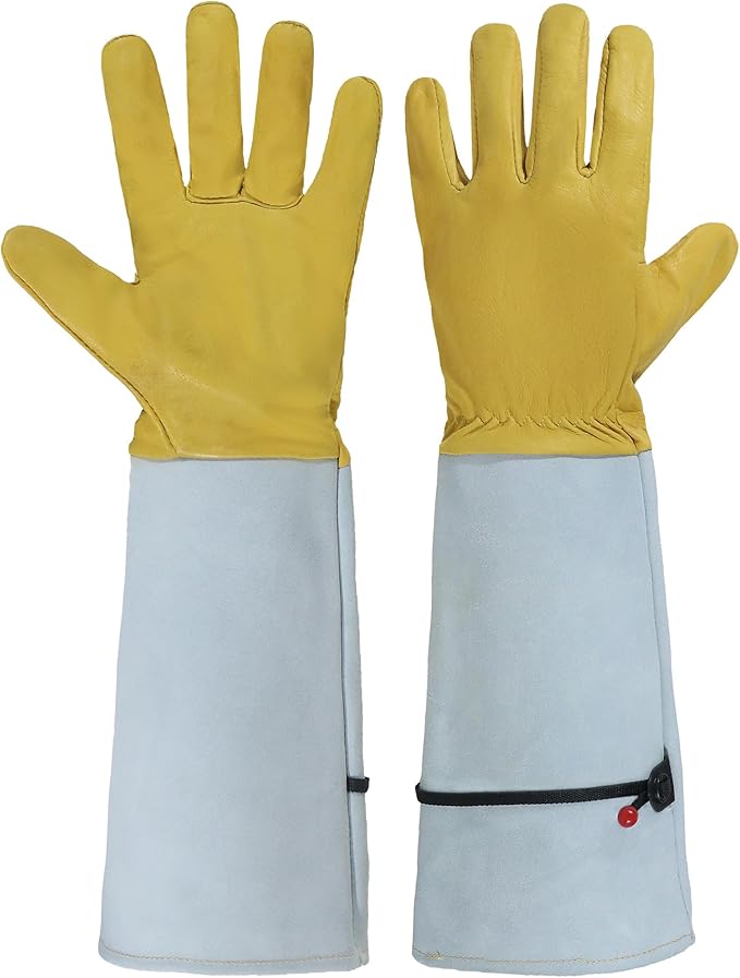 HANDLANDY Rose Gloves for Men & Women, Long Leather Gardening Gloves Thorn Proof, Best Garden Gifts & Tools for Gardener (Yellow-beige, X-Large (Pack of 1))