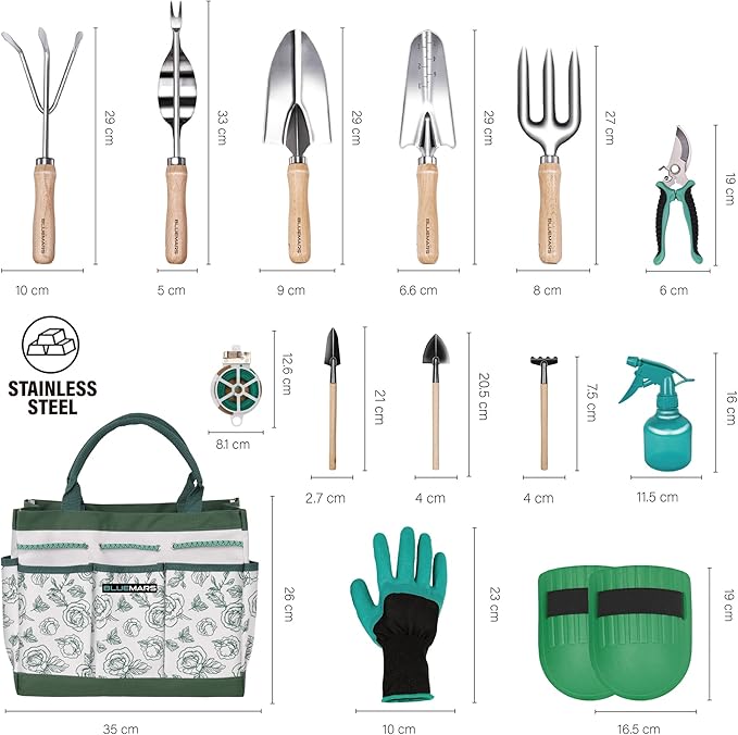 Gardening Hand Tool Kit 14PCS Heavy Duty Stainless Steel Garden Tool Set with Floral Garden Tote -Outdoor Gardening Transplanting Gifts for Woman