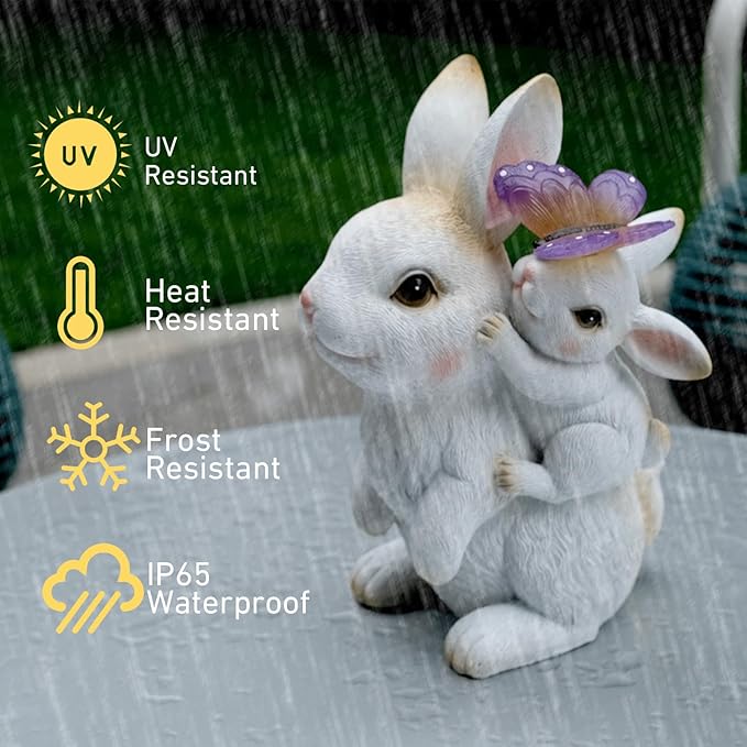 Garden Outdoor Statues Rabbit with Solar Lights,Mother&Baby Bunny Figurine with Solar Butterfly Changing Lights for Yard Art Garden&Patio Decor,Unique Easter&Birthday Gifts for Women Mom Grandma