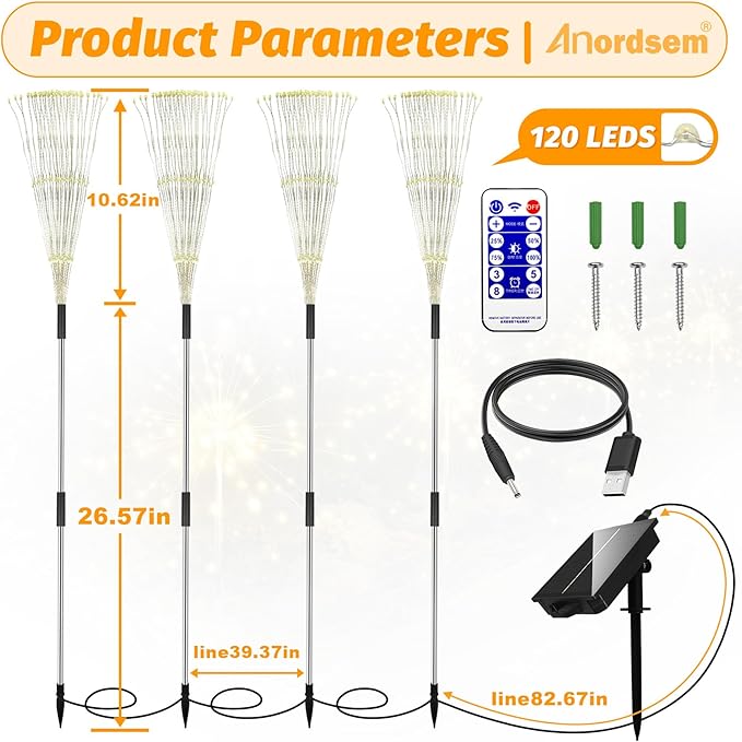 Anordsem Solar Garden Lights Outdoor Waterproof: Fireworks String Light Remote Control for Yard Decorative - LED Sparkler Lamp 4 Pack with 8 Lighting Modes for Patio Pathway Proch House Decor