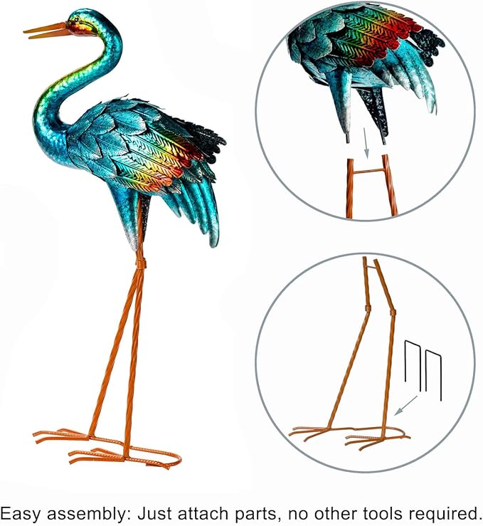 Natelf Crane Statues for Garden Decor, Blue Heron Sculptures, Metal Large Birds Lawn Sculptures & Statue for Patio Pond, Yard Decorations, Set of 2