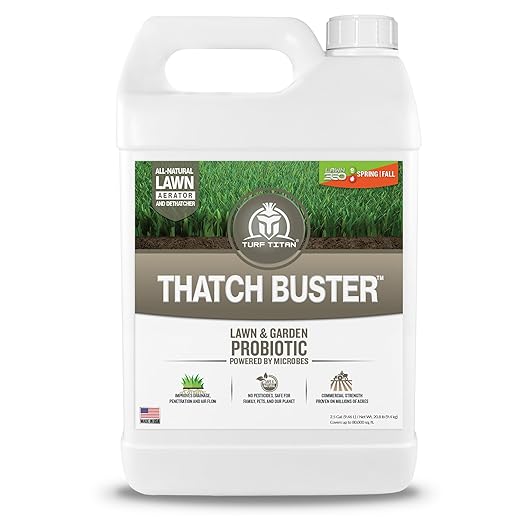 Turf Titan Thatch Buster All-Natural Lawn Aerator & Grass Dethatcher - Hose End Liquid Soil Loosener & Conditioner for Green Grass (2.5 Gallon), Healthy Soil in 45 Days - Enhance 1,000 Sq Ft with 4 oz