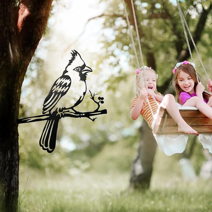 Metal Bird Christmas Cardinal Garden Decor，Tree Decor Outdoor Metal Wall Art Large，Cardinal Gifts Figurine Unique Yard Art，Garden Silhouette ，Garden Sculptures and Yard Art