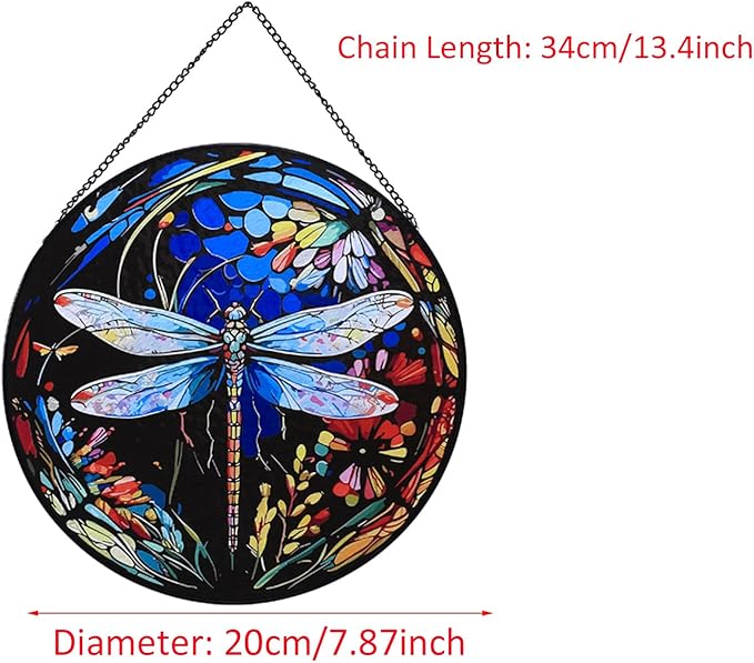 Hanging Stained Glass for Windows,20cm/7.87inch Dragonfly Hand-Painted Sun Catcher Garden Hangings Christmas Mother's Day, Valentine's Day Ornaments Festival Gift (A Style)