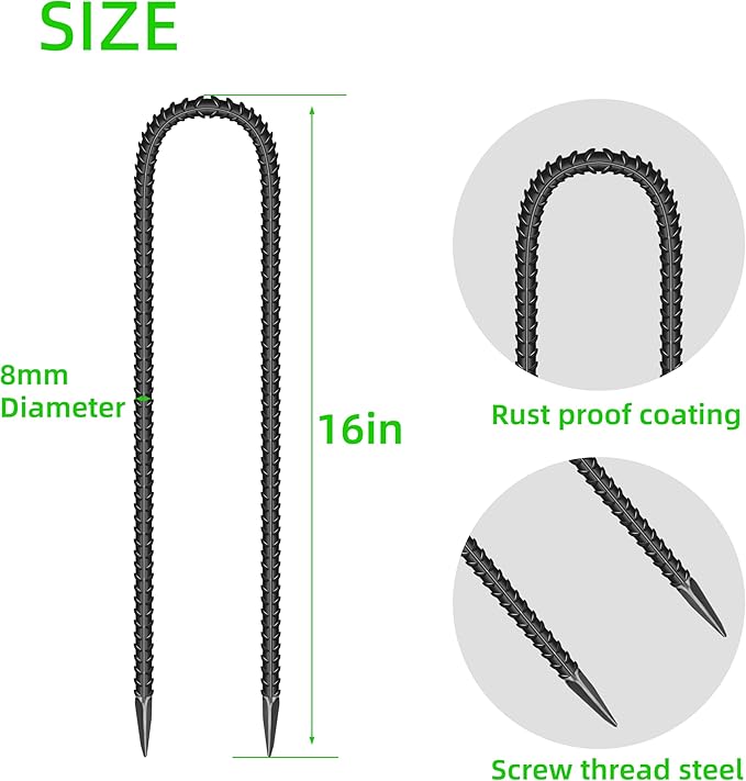 10 Pieces 16-Inch Garden Ground Stakes Galvanized Steel U Shape Hook Rebar Stake - Heavy Duty Ground Anchors for Tents, Position Kits,Fences, and Trampolines