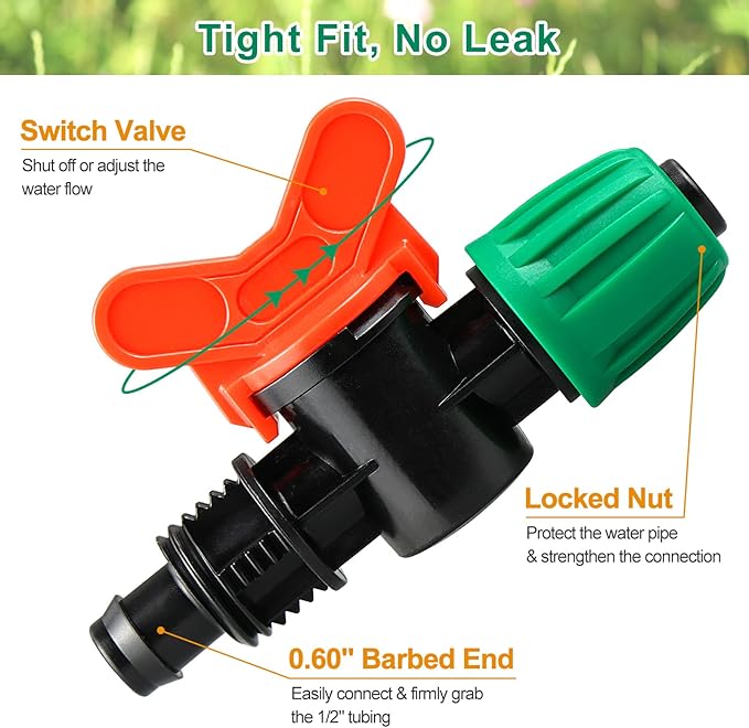 JAYEE 8 Pcs Drip Irrigation Fittings Switch Valve 1/2 Inch, In-Line Barbed Lock Switch Valves For 1/2 Inch Drip Tubing (0.60"-0.63" OD), Shut Off On Valve Drip Line Parts For Garden Sprinkler Systems