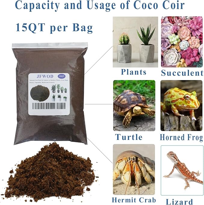15 Quart Loose Coco Coir Potting Soil for Planting, Coconut Coir with Low EC and pH Balance for Gardening Plants, Flowers Herbs, Vegetables, Terrariums and Reptile Tanks