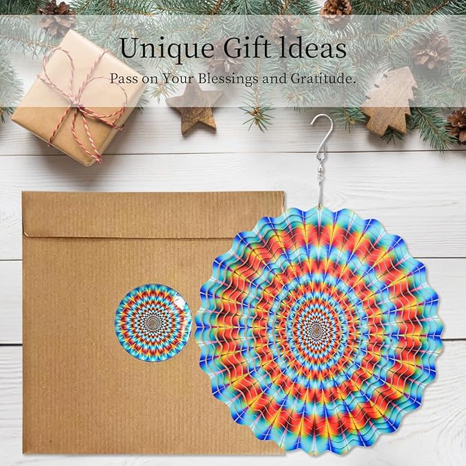 3D Wind Spinner Rainbow Mandala Stainless Steel Metal Wind Spinner Kinetic Metal Art Multi-Color Geometric Pattern Hanging Ornament for Yard Garden Patio