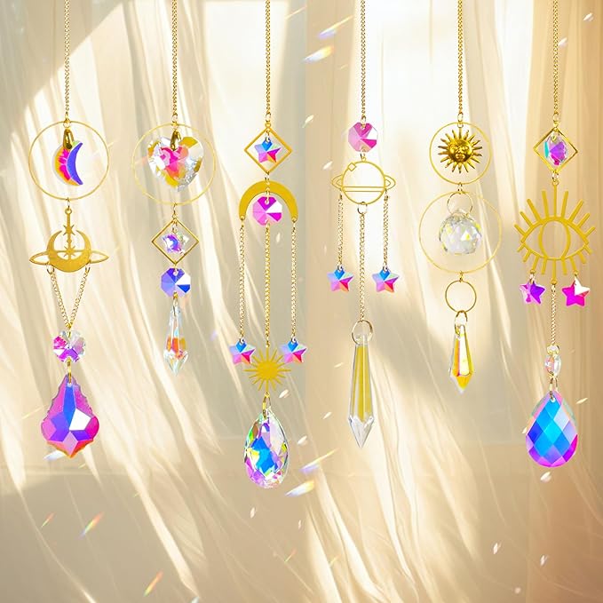 Sun Catchers 6Pieces Colorful Crystals Suncatcher with Chain Pendant Ornaments Hanging Crystals Prism Rainbow for Window Home Indoor Outdoor Car Mirror Garden Christmas Day Party