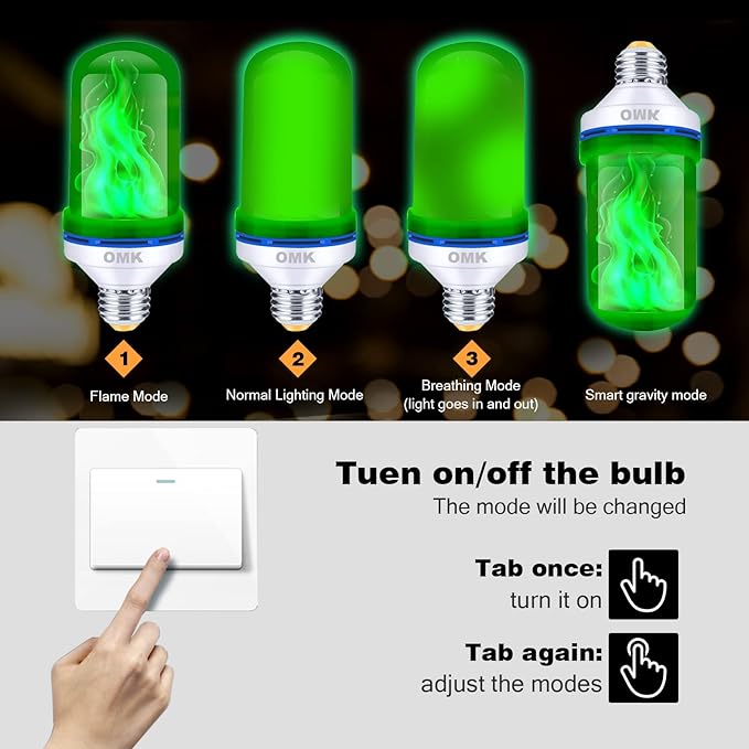 OMK 4 Pack Green Light Bulbs, Christmas Flame LED Light Bulbs Decorations Flickering/Breathing/Ligting/Gravity 4 Modes Flame Bulb for Bars Hotel Yard Porch Party Outdoor Decorative Holiday Gifts