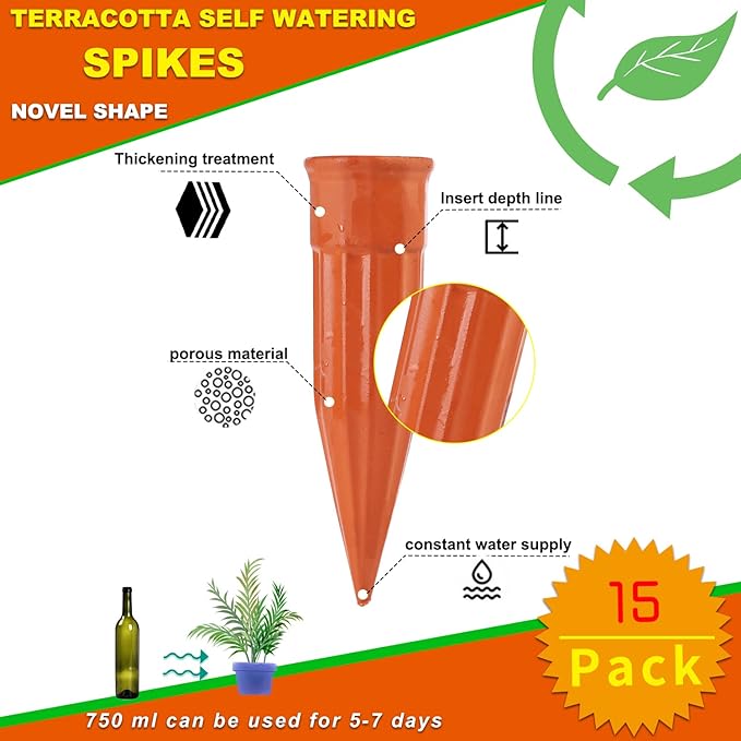 Plant Self-Watering Stakes-15 Pack Terracotta Automatic Plant Waterer Devices Auto-Water Irrigation System for Indoor/Outdoor Plants