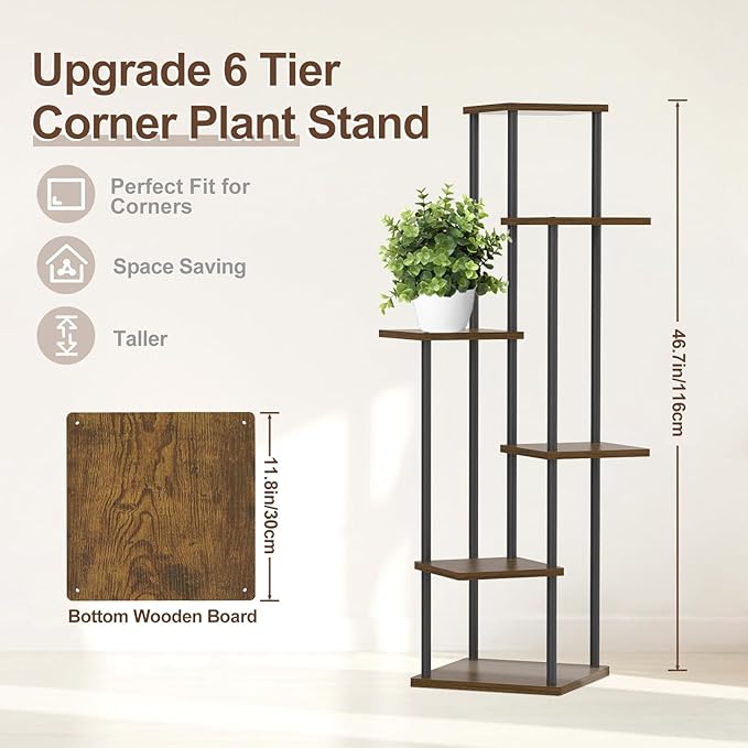 6 Tier Plant Stand Indoor Outdoor, Tall Corner Metal Wood Tiered Planter Stands Holder, Large Multiple Flower Pot Shelf Display Rack for Patio Office Porch Living Room Bedroom Balcony Garden,Oak